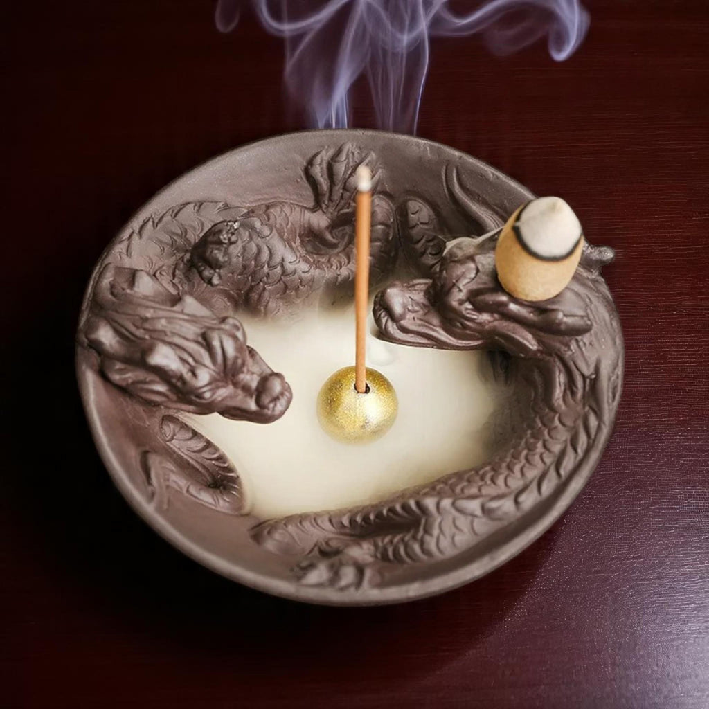 Artisan "Twin Dragons" Ceramic Backflow Incense Burner Bowl — Symbolic Tea Pet & Aroma Decor