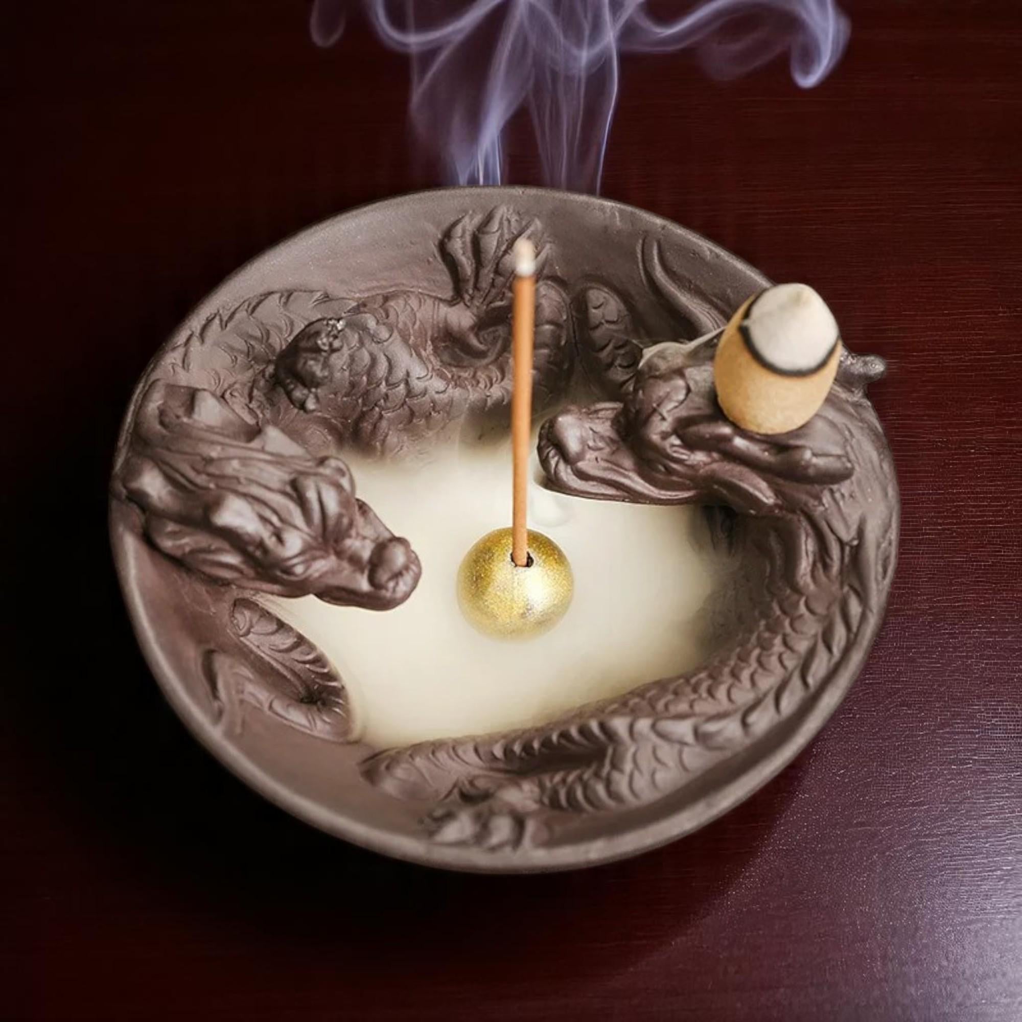 Artisan "Twin Dragons" Ceramic Backflow Incense Burner Bowl — Symbolic Tea Pet & Aroma Decor