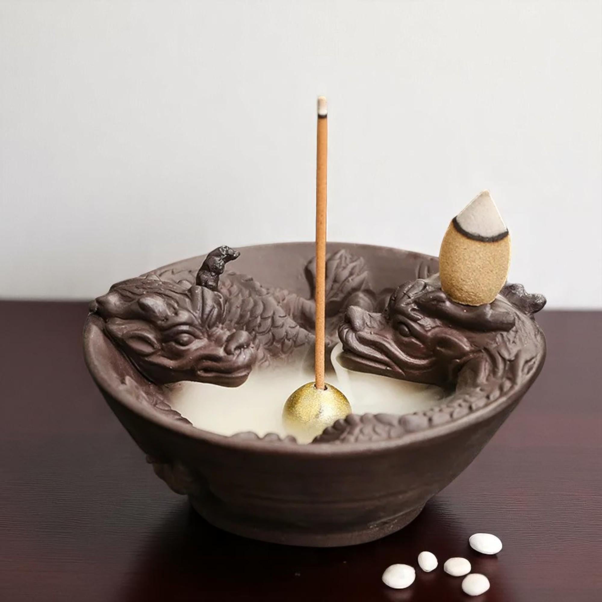 Artisan "Twin Dragons" Ceramic Backflow Incense Burner Bowl — Symbolic Tea Pet & Aroma Decor