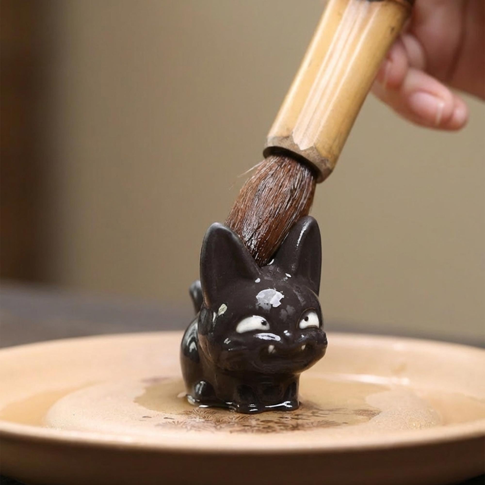 Handcrafted Ceramic "Grinning Black Cat" Tea Pet Ornament