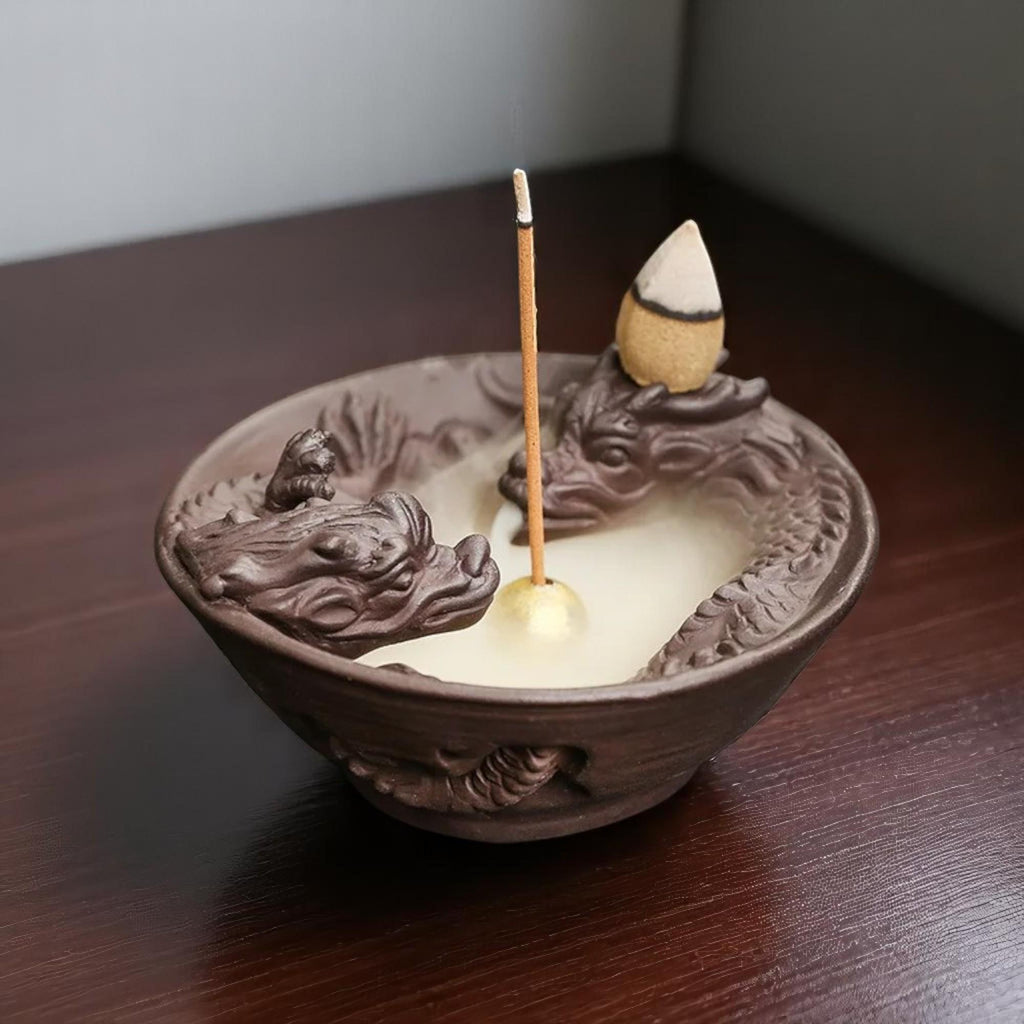 Artisan "Twin Dragons" Ceramic Backflow Incense Burner Bowl — Symbolic Tea Pet & Aroma Decor