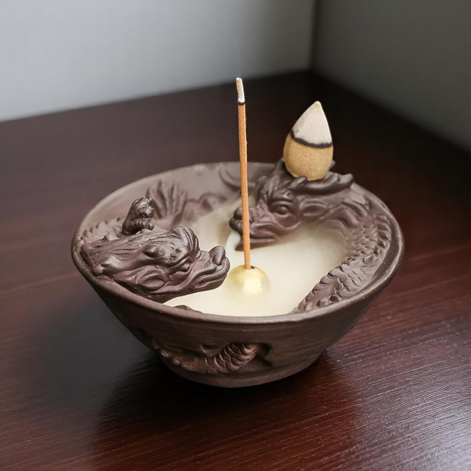 Artisan "Twin Dragons" Ceramic Backflow Incense Burner Bowl — Symbolic Tea Pet & Aroma Decor