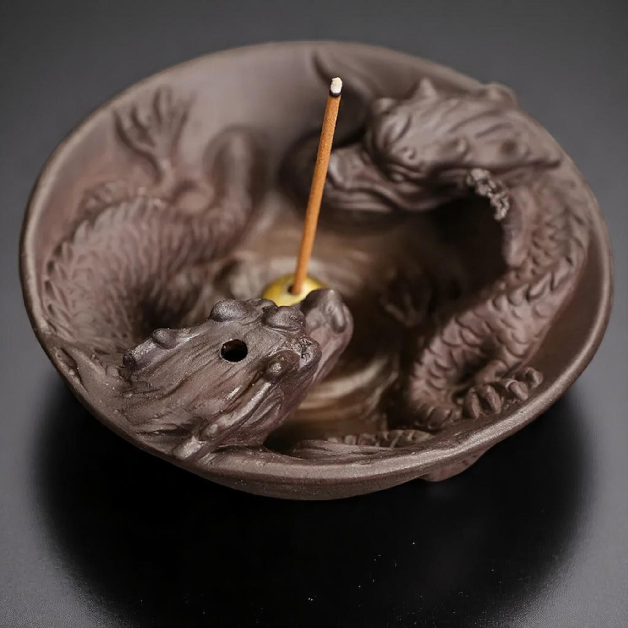 Artisan "Twin Dragons" Ceramic Backflow Incense Burner Bowl — Symbolic Tea Pet & Aroma Decor