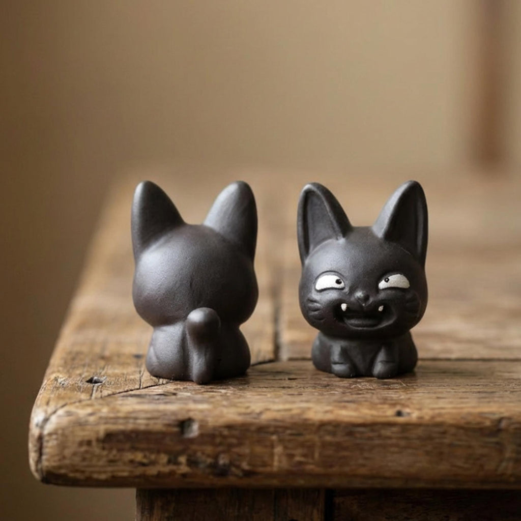 Handcrafted Ceramic "Grinning Black Cat" Tea Pet Ornament