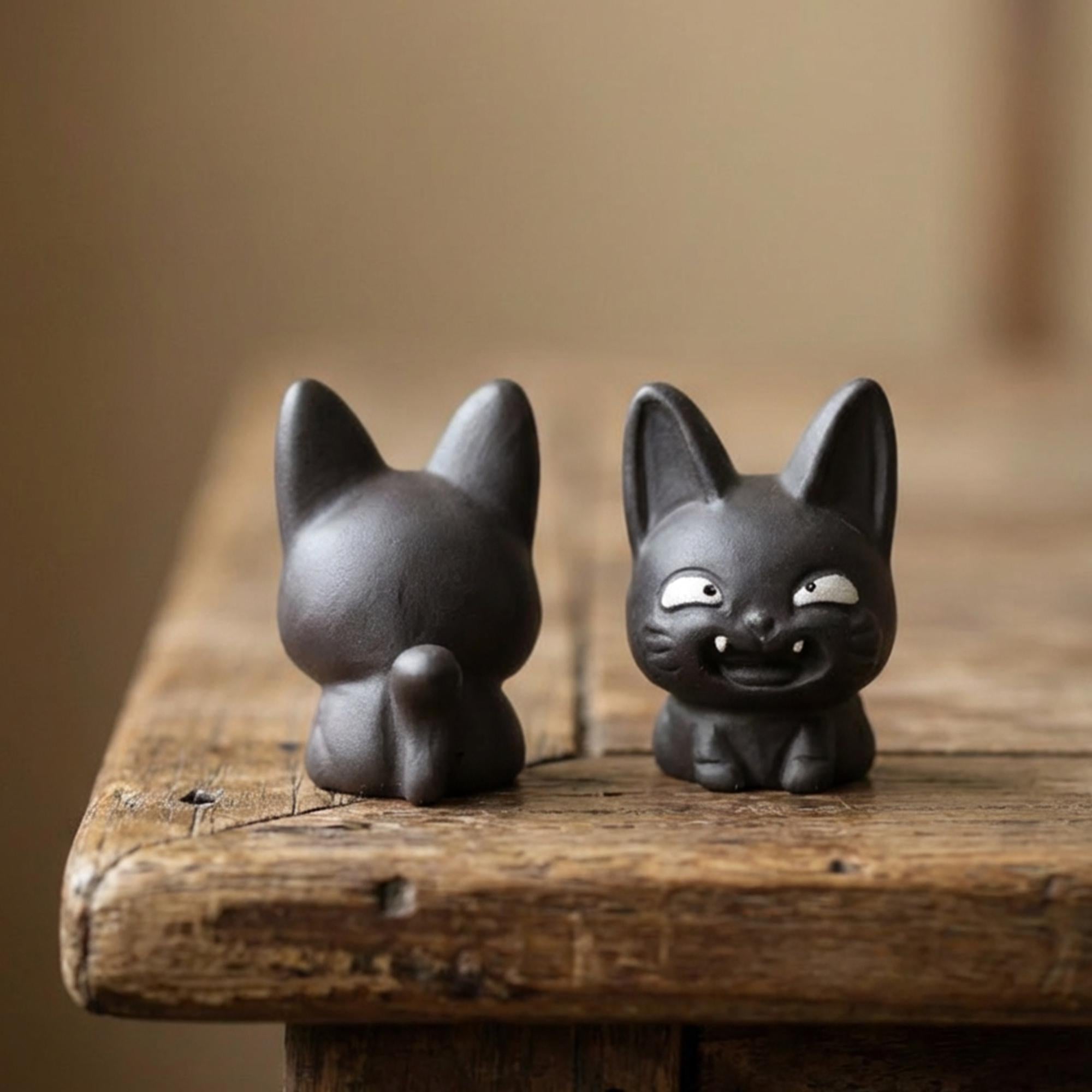 Handcrafted Ceramic "Grinning Black Cat" Tea Pet Ornament