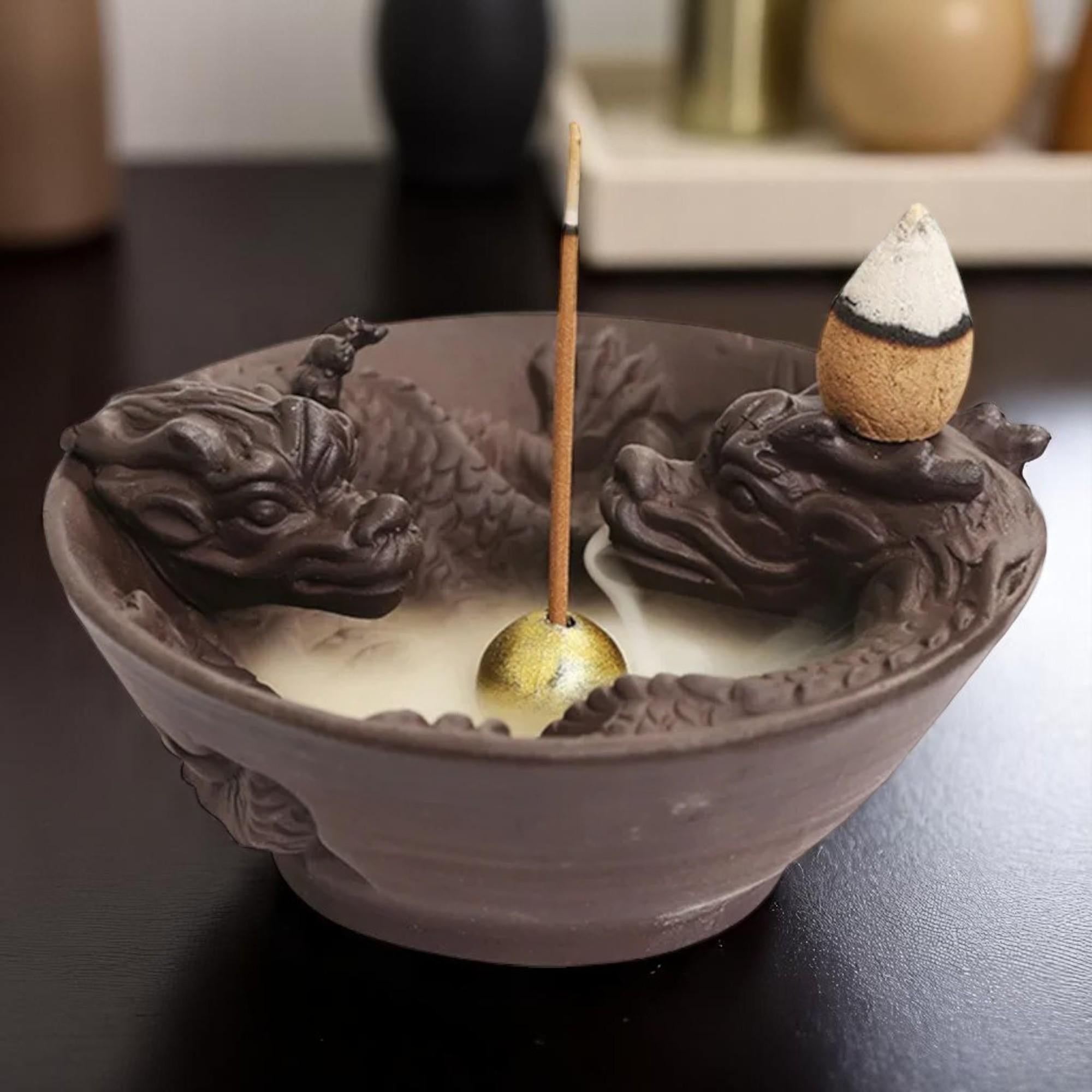 Artisan "Twin Dragons" Ceramic Backflow Incense Burner Bowl — Symbolic Tea Pet & Aroma Decor