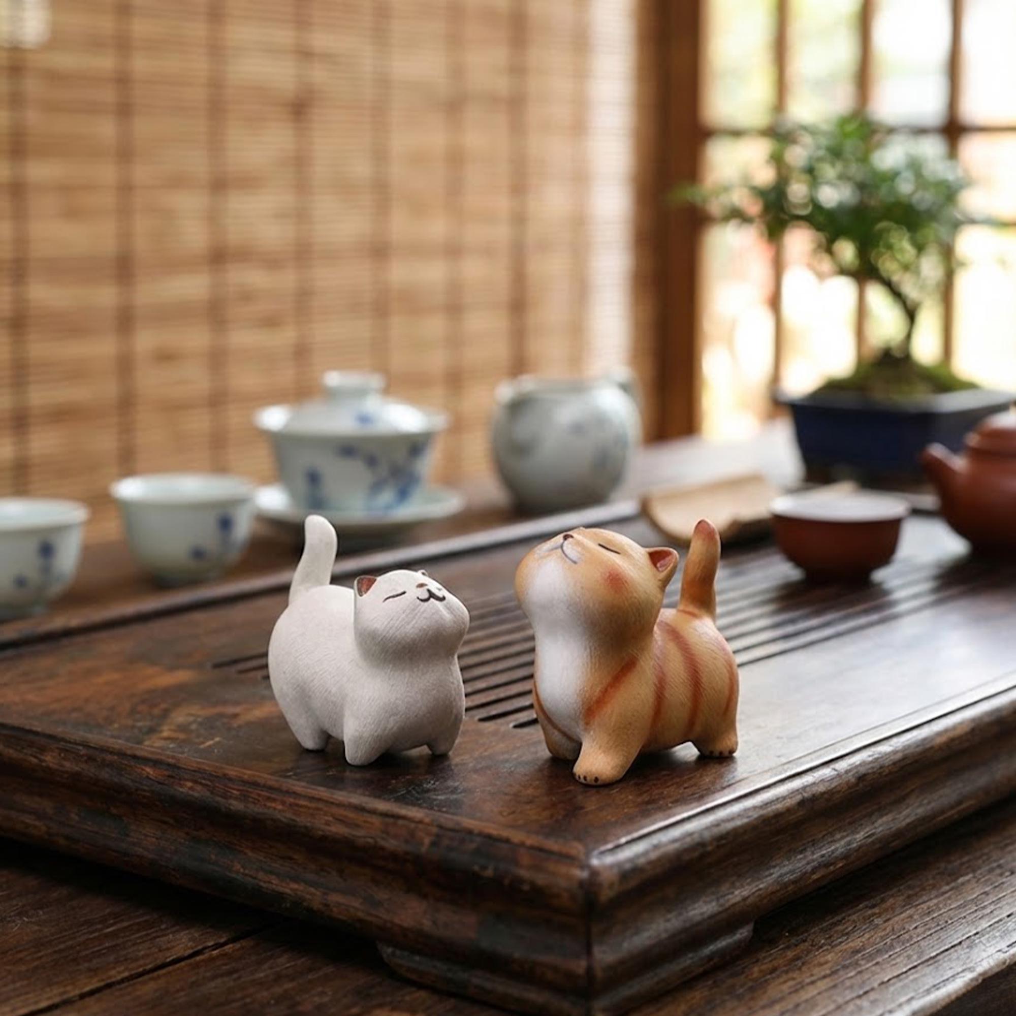 Artisan Ceramic "Curious Kitten" Tea Pet Duo