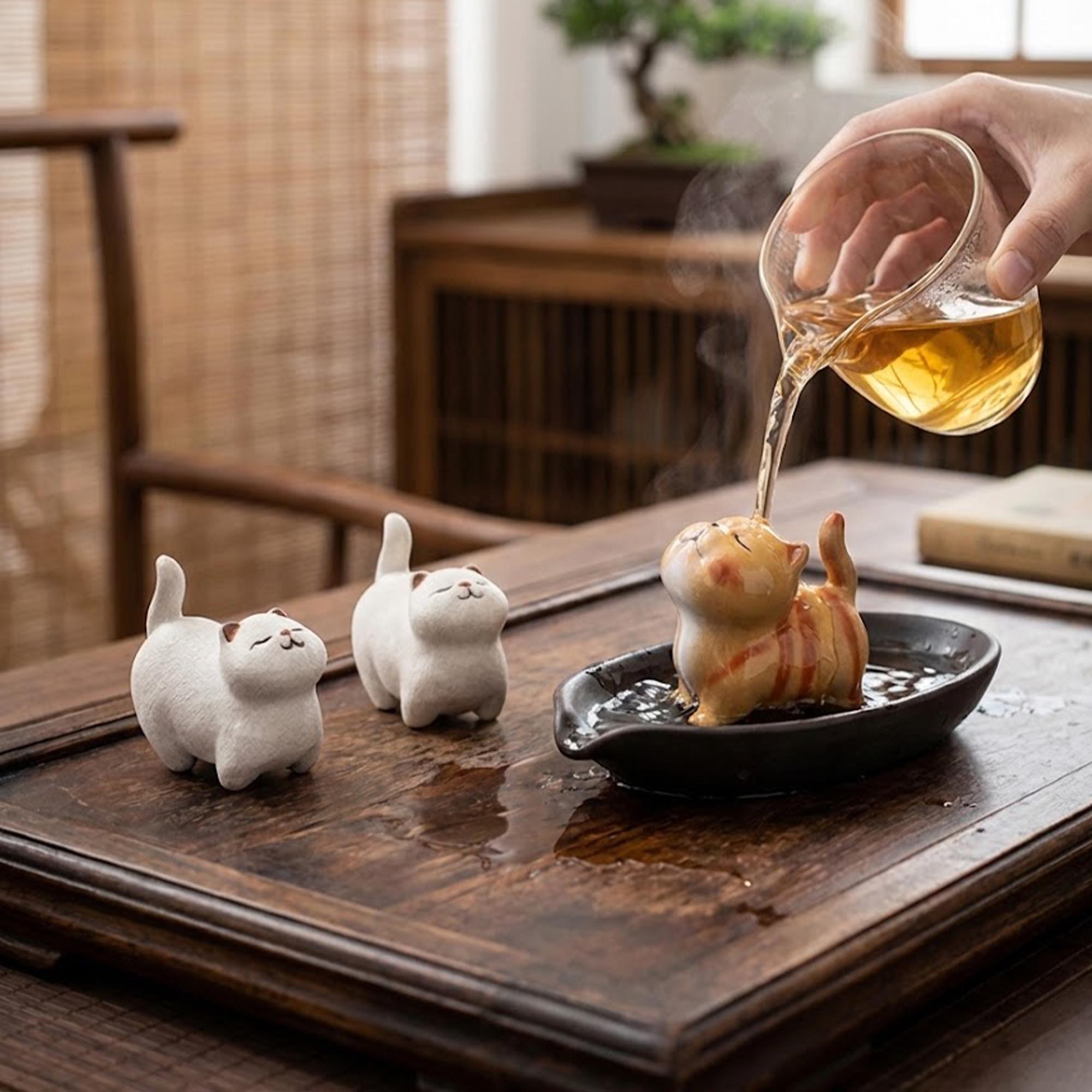 Artisan Ceramic "Curious Kitten" Tea Pet Duo