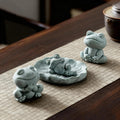 Artisan Hand-Carved Green Sandstone "Zen Frog" Tea Pet Set