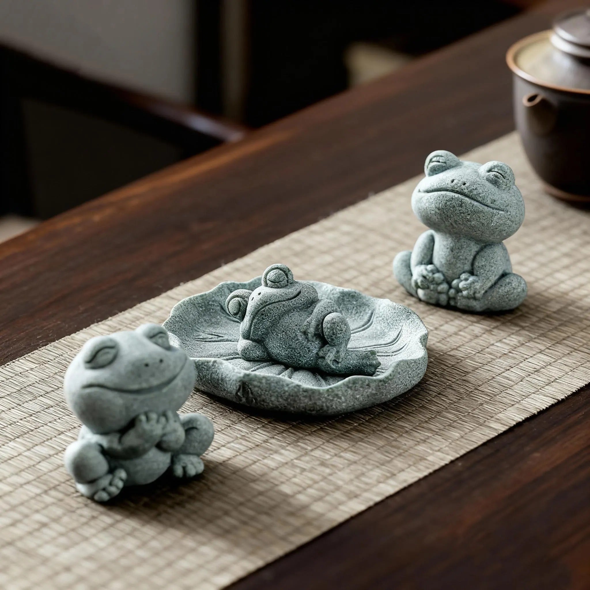 Artisan Hand-Carved Green Sandstone "Zen Frog" Tea Pet Set