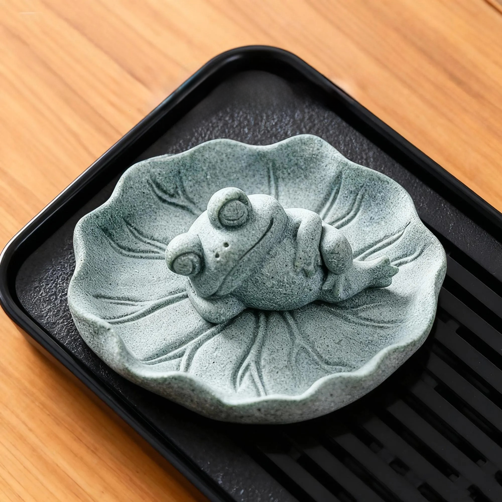 Artisan Hand-Carved Green Sandstone "Zen Frog" Tea Pet Set