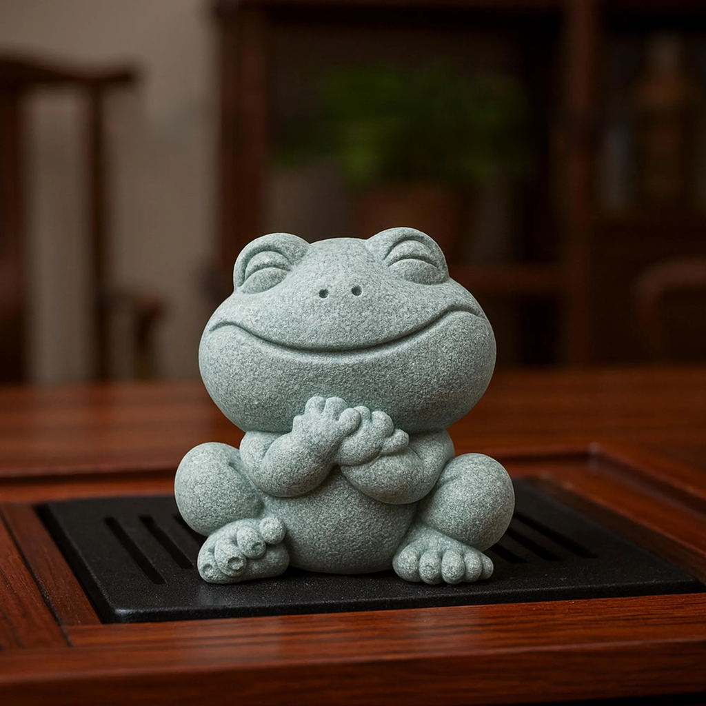 Artisan Hand-Carved Green Sandstone "Zen Frog" Tea Pet Set