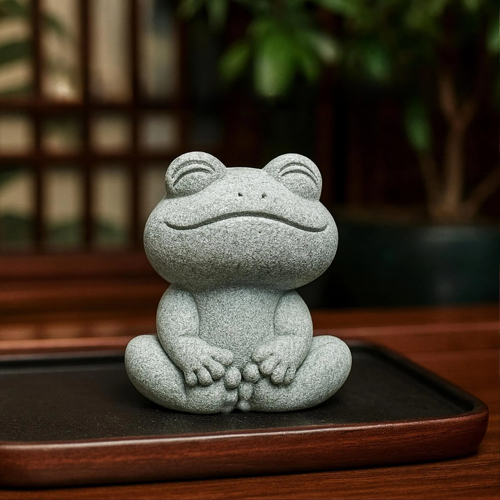 Artisan Hand-Carved Green Sandstone "Zen Frog" Tea Pet Set