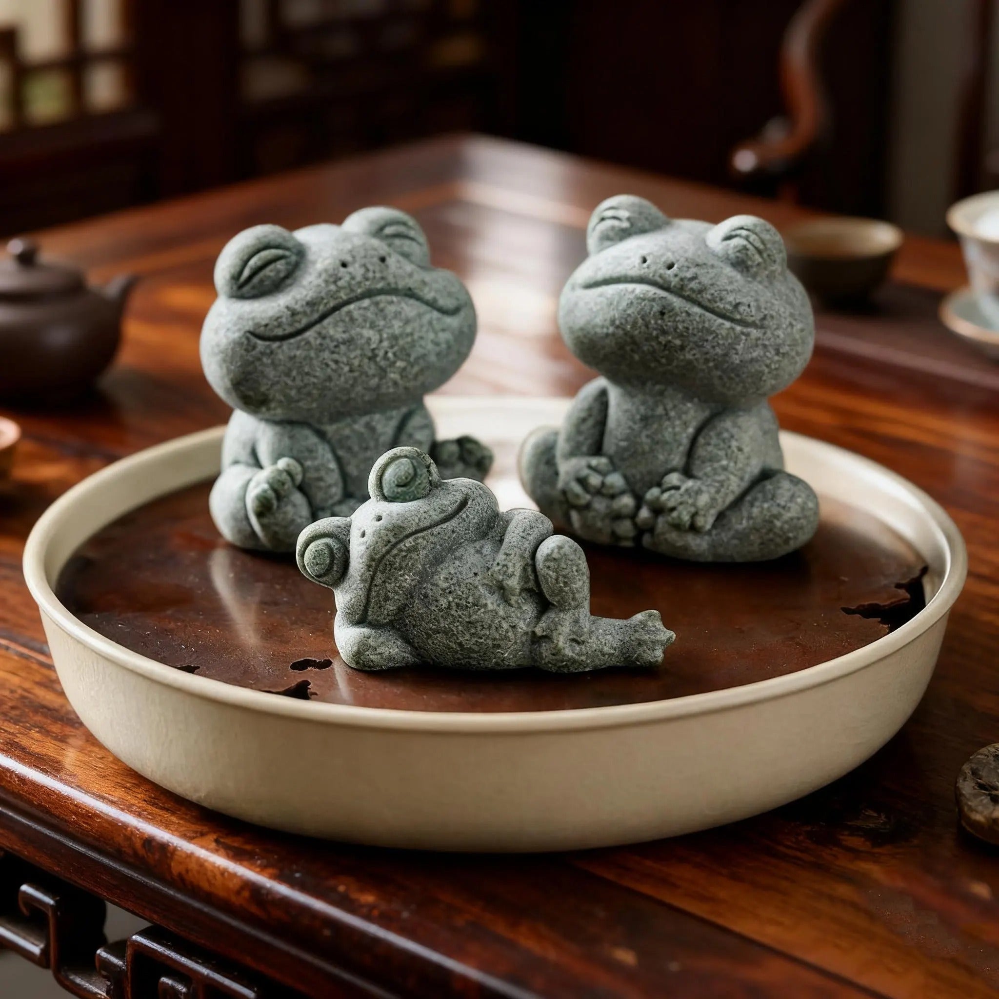 Artisan Hand-Carved Green Sandstone "Zen Frog" Tea Pet Set