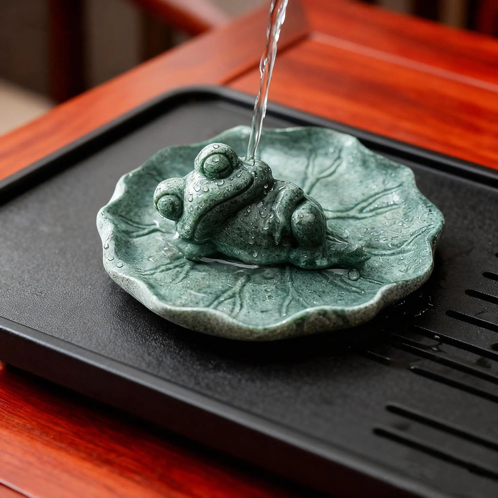 Artisan Hand-Carved Green Sandstone "Zen Frog" Tea Pet Set