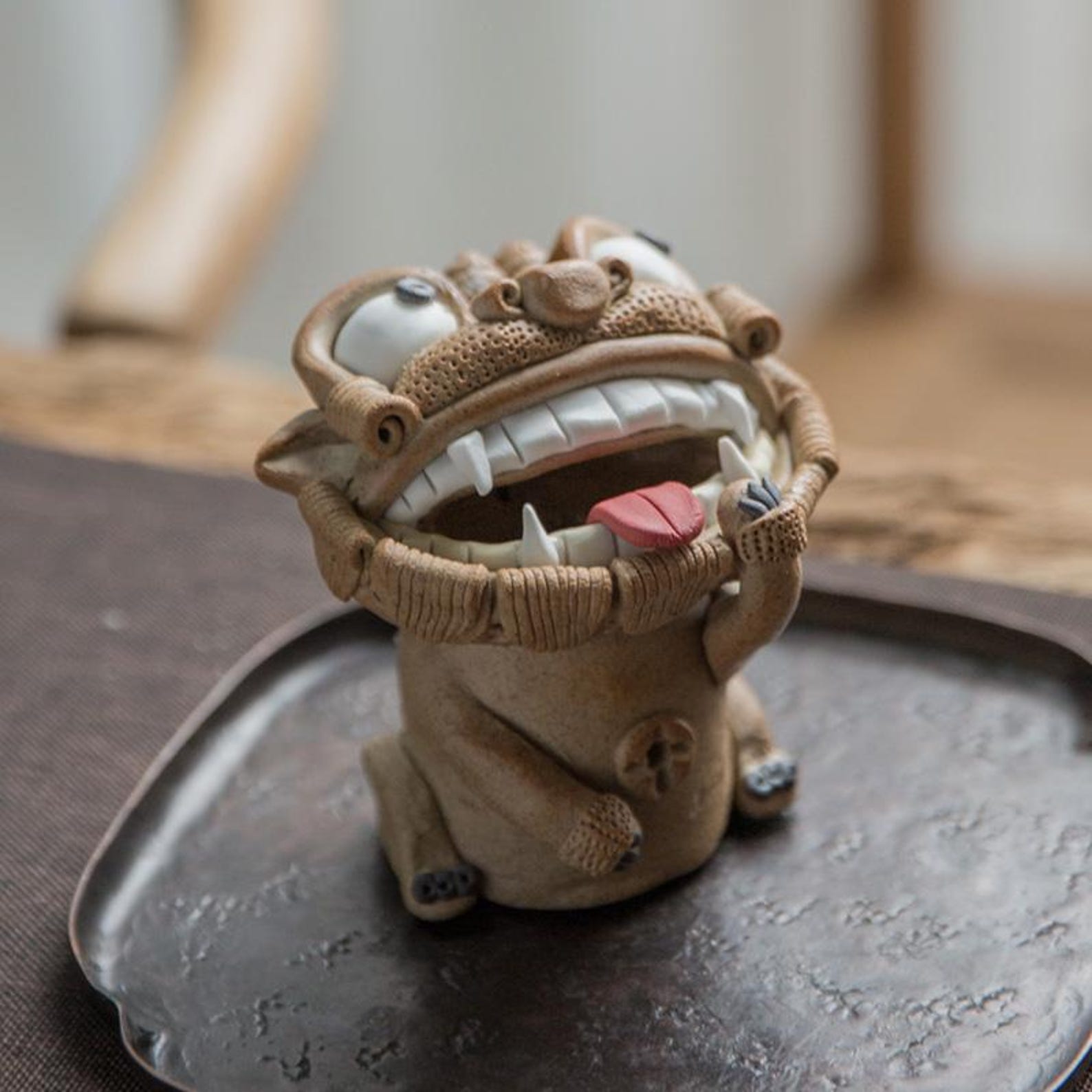 Artisan Handcrafted Ceramic Lion Incense Burner & Tea Pet — Traditional Guardian Figurine