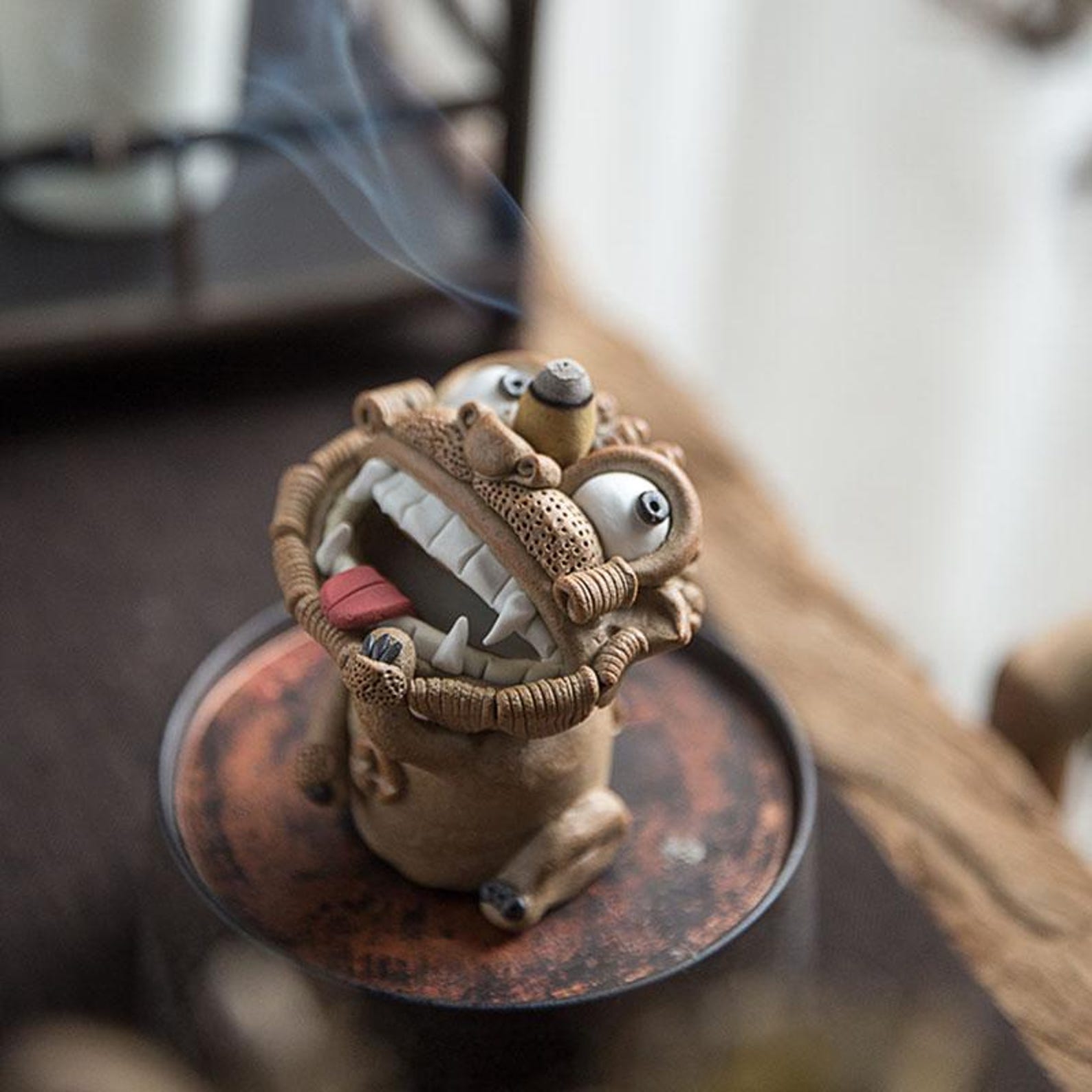 Artisan Handcrafted Ceramic Lion Incense Burner & Tea Pet — Traditional Guardian Figurine