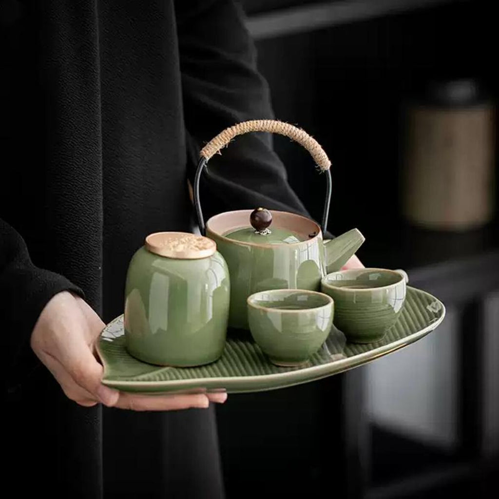 Artisan Emerald Leaf Tea Set — 5-Piece Ceremonial Collection with Tea Caddy