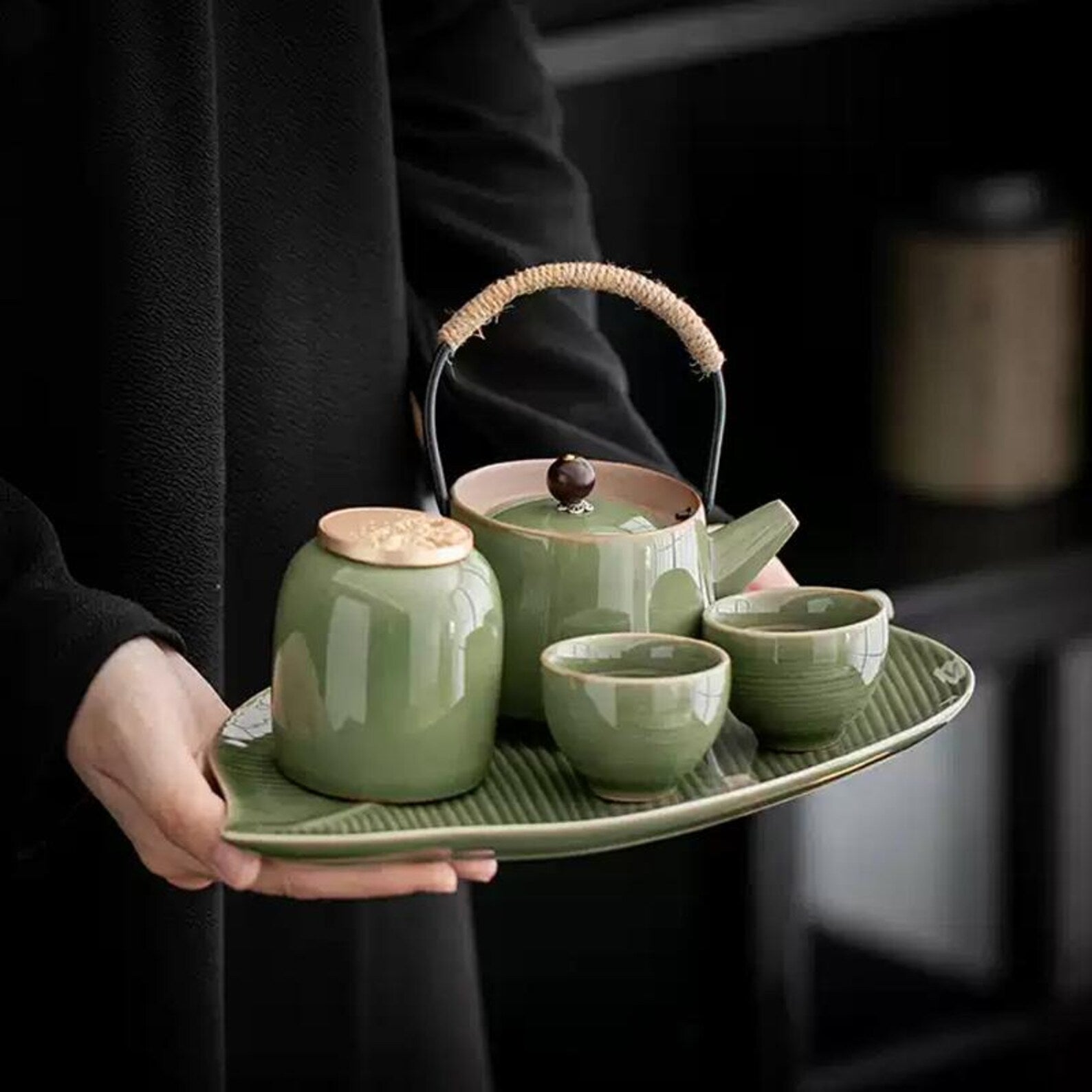 Artisan Emerald Leaf Tea Set — 5-Piece Ceremonial Collection with Tea Caddy