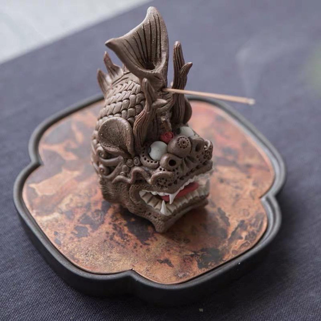 Artisan Handmade Mythical Dragon-Fish Ceramic Incense Burner — Quirky Vertical Tea Pet