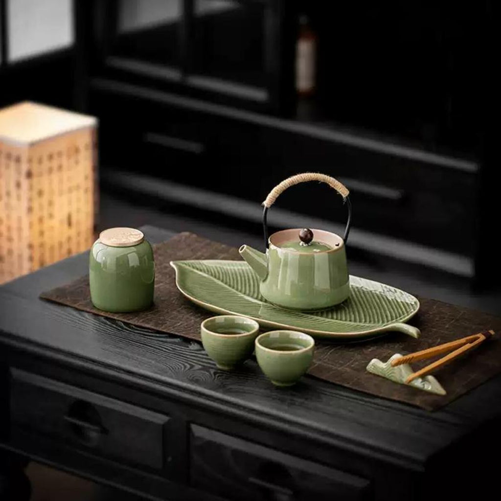 Artisan Emerald Leaf Tea Set — 5-Piece Ceremonial Collection with Tea Caddy