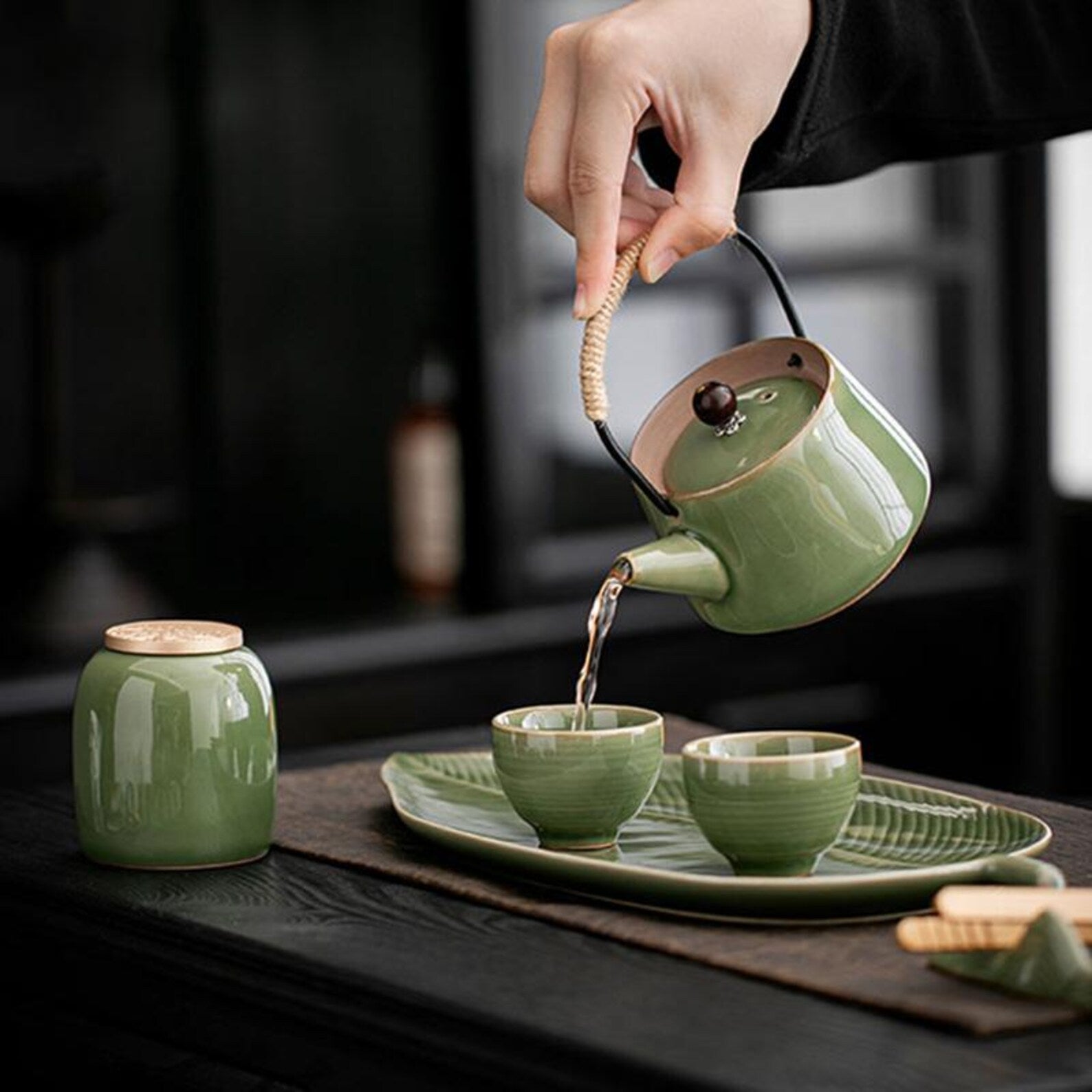Artisan Emerald Leaf Tea Set — 5-Piece Ceremonial Collection with Tea Caddy