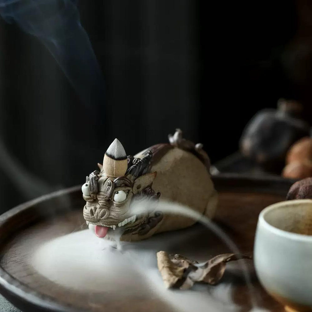 Artisan Handmade Recumbent Mythical Beast Backflow Incense Burner — Ceramic Tea Pet Sculpture