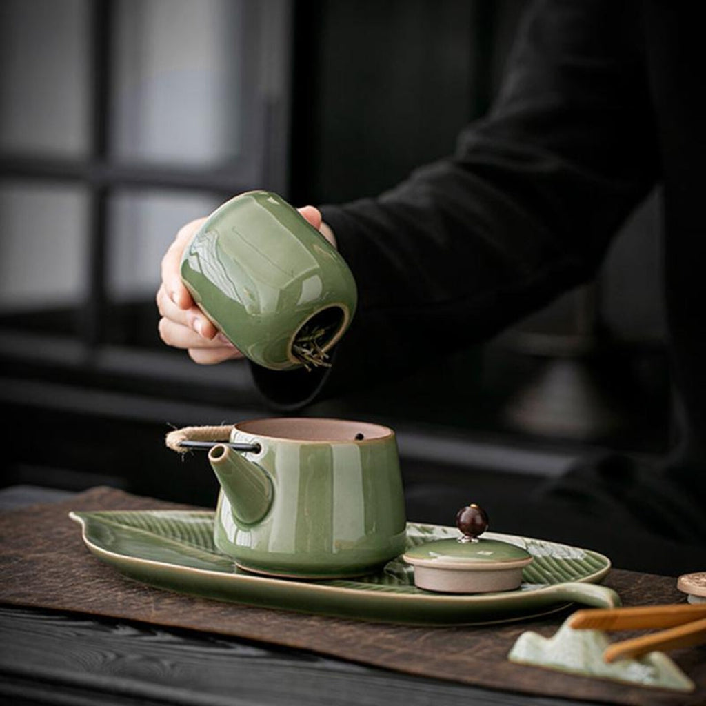 Artisan Emerald Leaf Tea Set — 5-Piece Ceremonial Collection with Tea Caddy