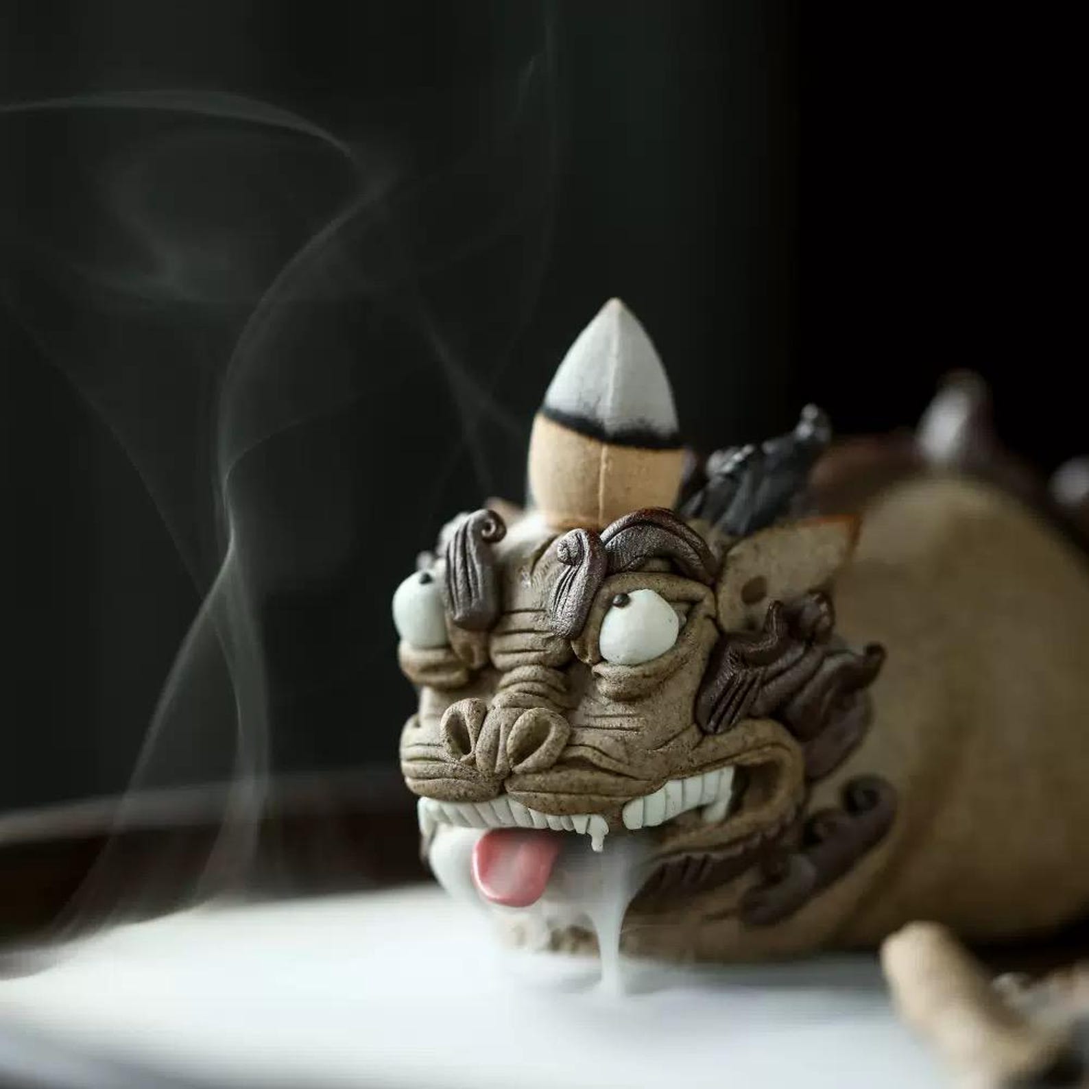 Artisan Handmade Recumbent Mythical Beast Backflow Incense Burner — Ceramic Tea Pet Sculpture