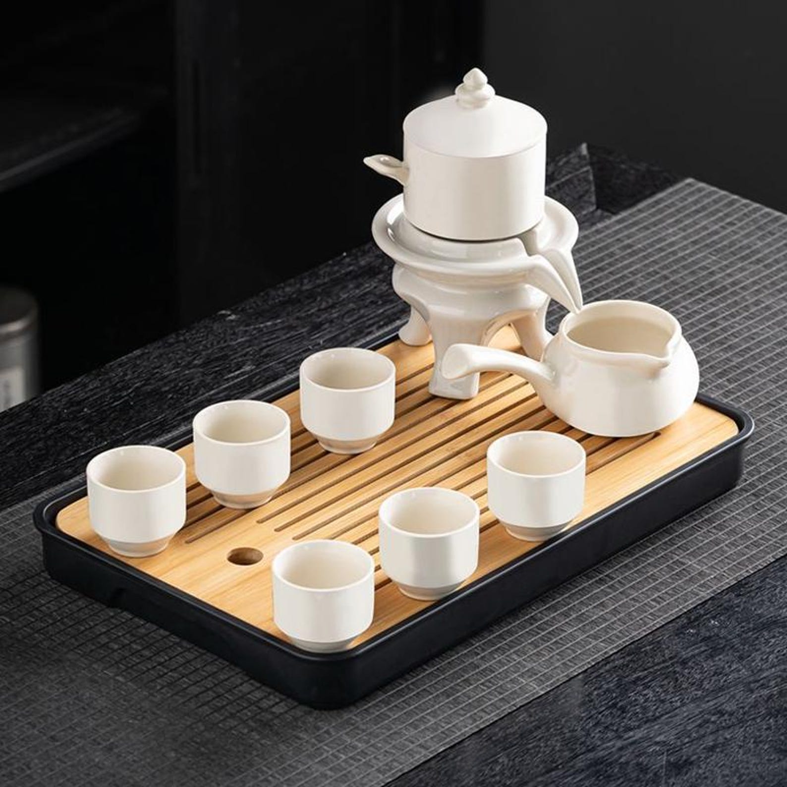 Minimalist White Porcelain Automatic Stone Mill Tea Set — Handcrafted Artisanal Collection