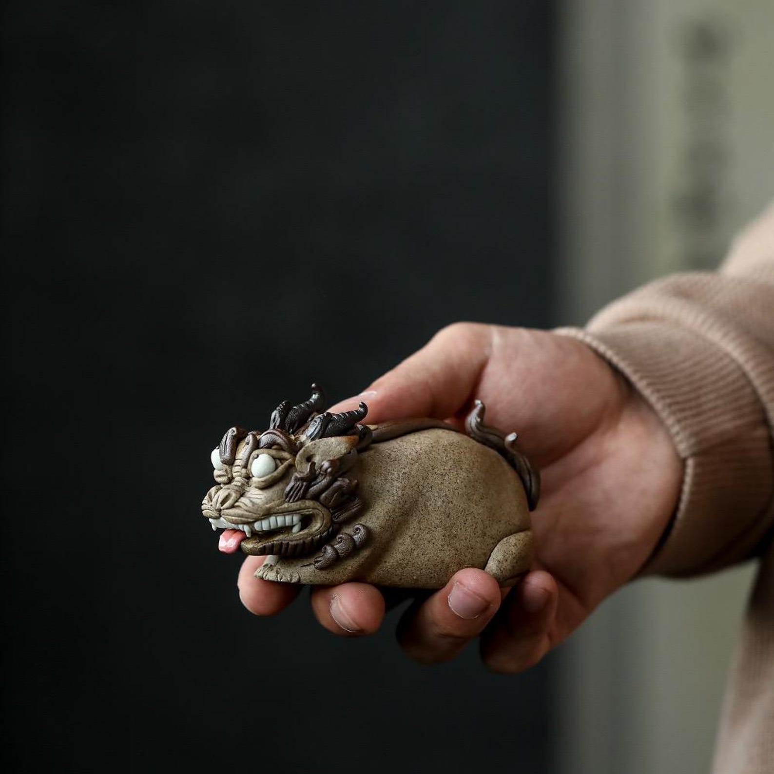 Artisan Handmade Recumbent Mythical Beast Backflow Incense Burner — Ceramic Tea Pet Sculpture
