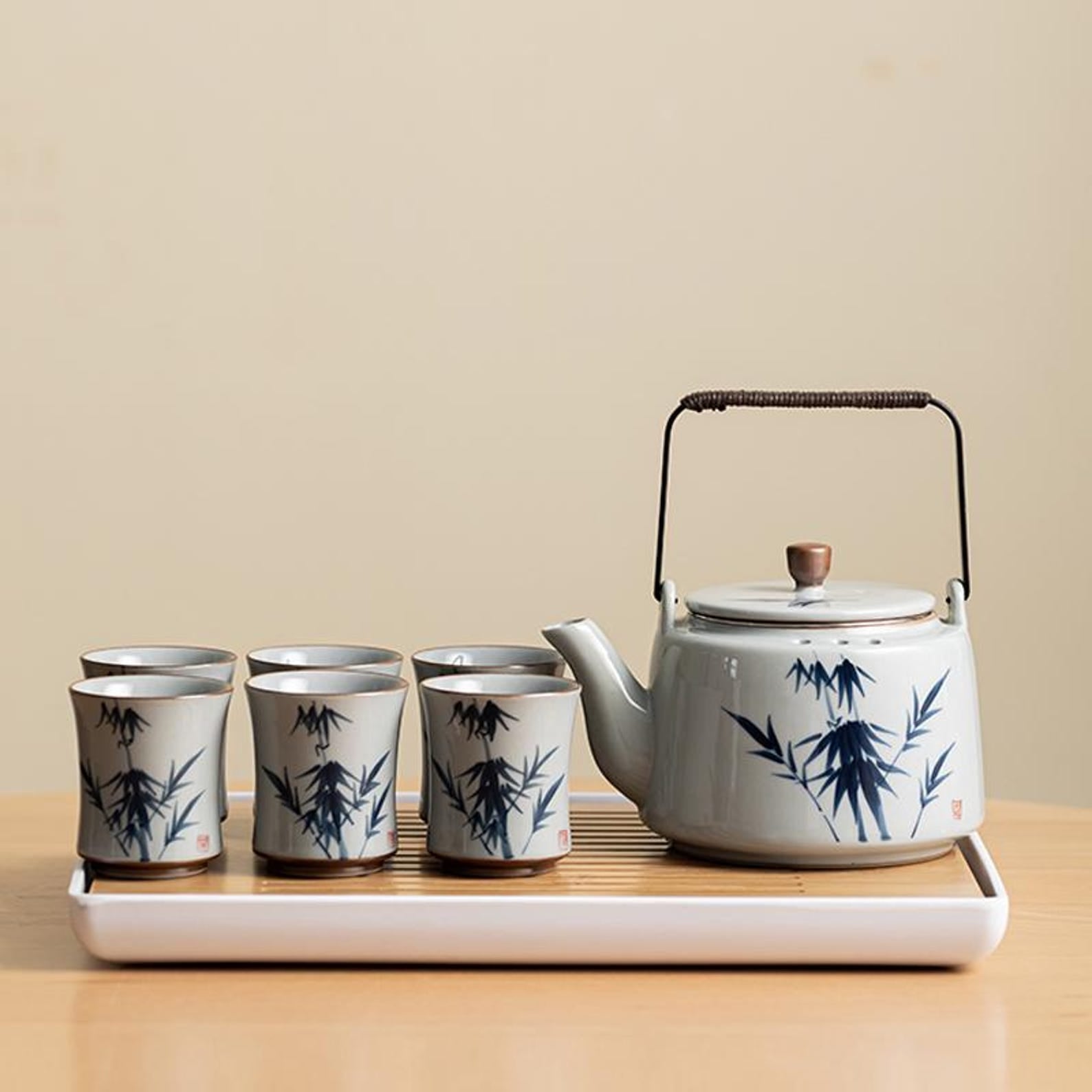Handcrafted Gongfu Tea Set Collection: Ge Kiln Celadon & Ink Bamboo Edition