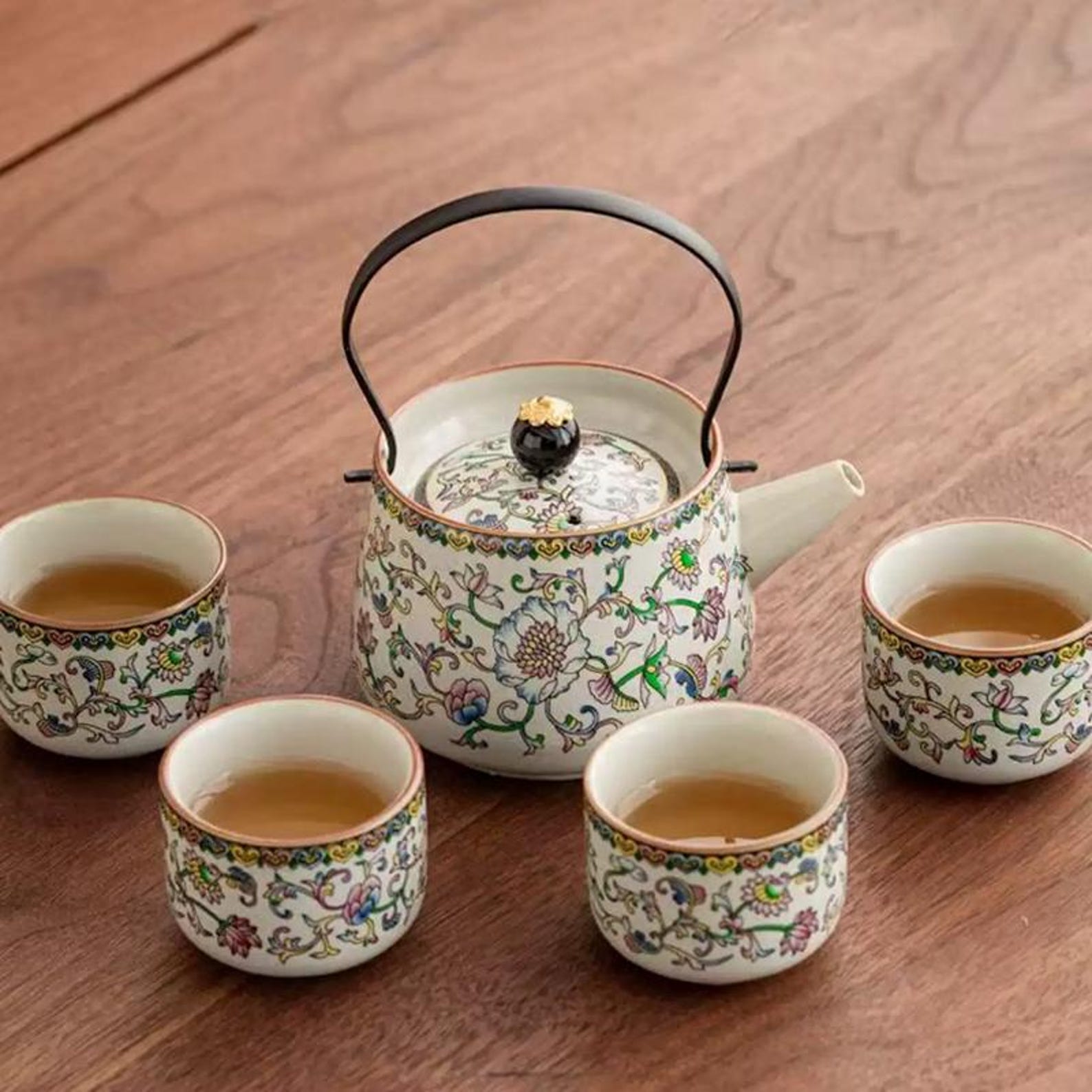 Handcrafted Muted Imperial Yellow Floral Tea Set — 5-Piece Porcelain Collection