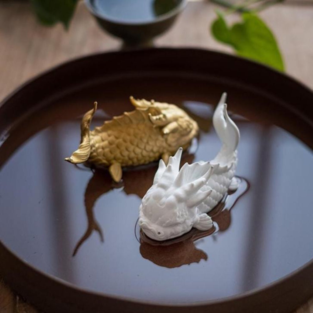 Artisan "Dragon-Koi" Ceramic Tea Pet Set — Pair of Mythical Fish Figurines (White & Gold)