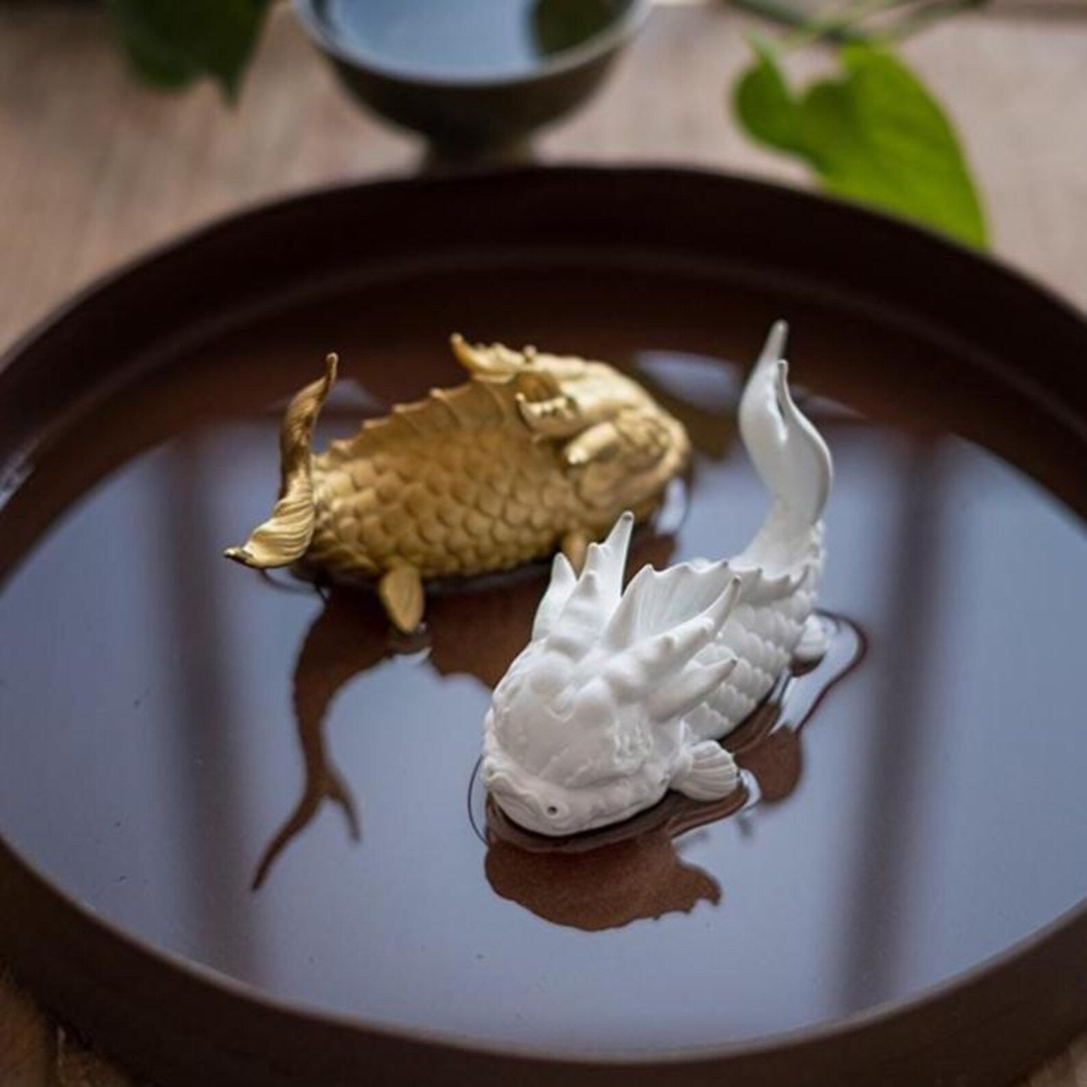 Artisan "Dragon-Koi" Ceramic Tea Pet Set — Pair of Mythical Fish Figurines (White & Gold)