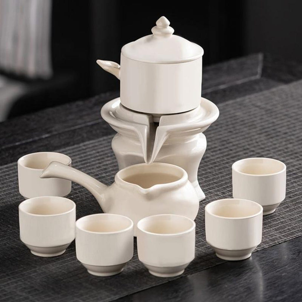Minimalist White Porcelain Automatic Stone Mill Tea Set — Handcrafted Artisanal Collection