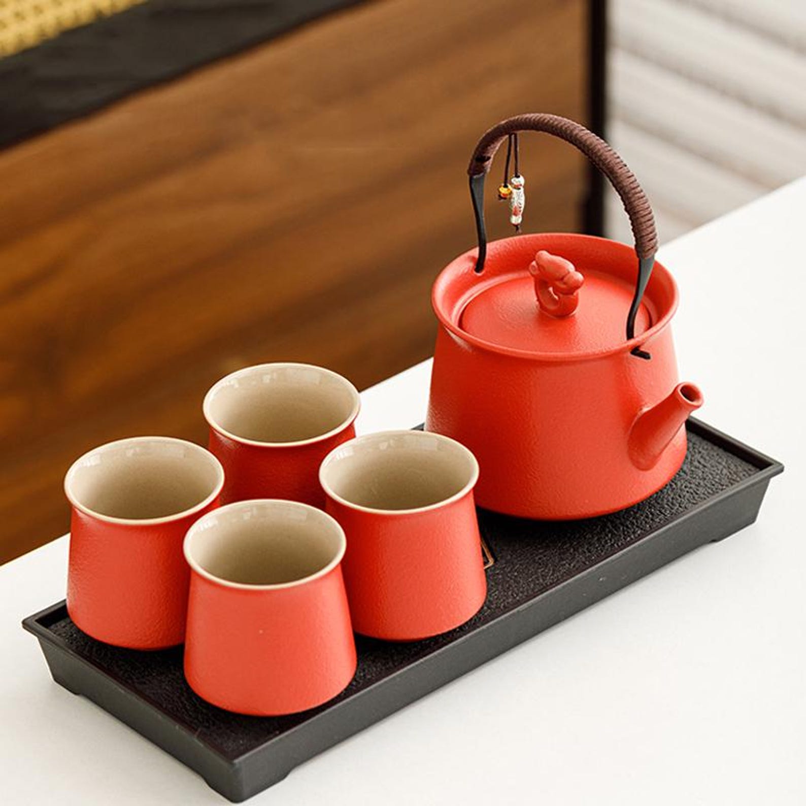 Artisan Crimson Dragon Teapot Set — 5/6 Piece Handcrafted Stoneware Collection
