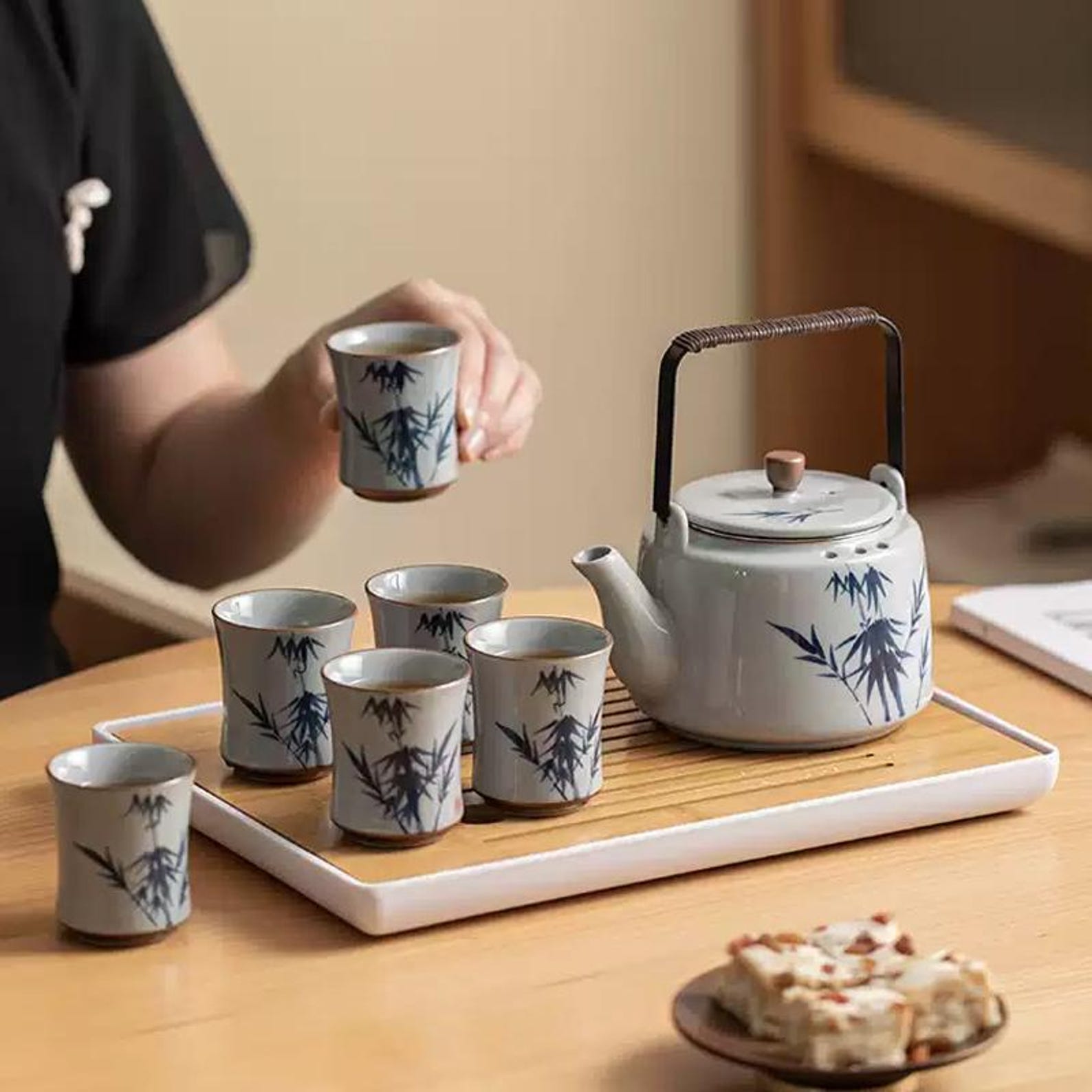 Handcrafted Gongfu Tea Set Collection: Ge Kiln Celadon & Ink Bamboo Edition