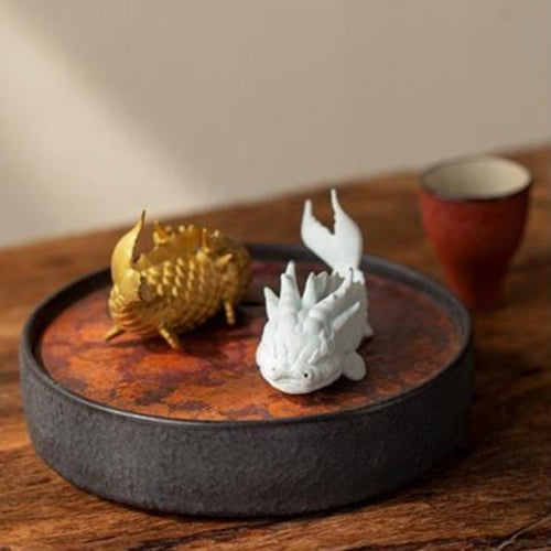 Artisan "Dragon-Koi" Ceramic Tea Pet Set — Pair of Mythical Fish Figurines (White & Gold)