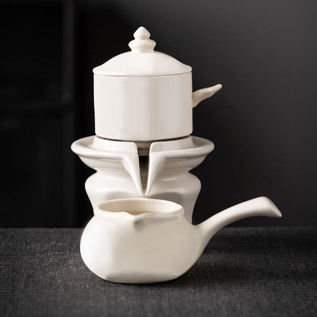 Minimalist White Porcelain Automatic Stone Mill Tea Set — Handcrafted Artisanal Collection