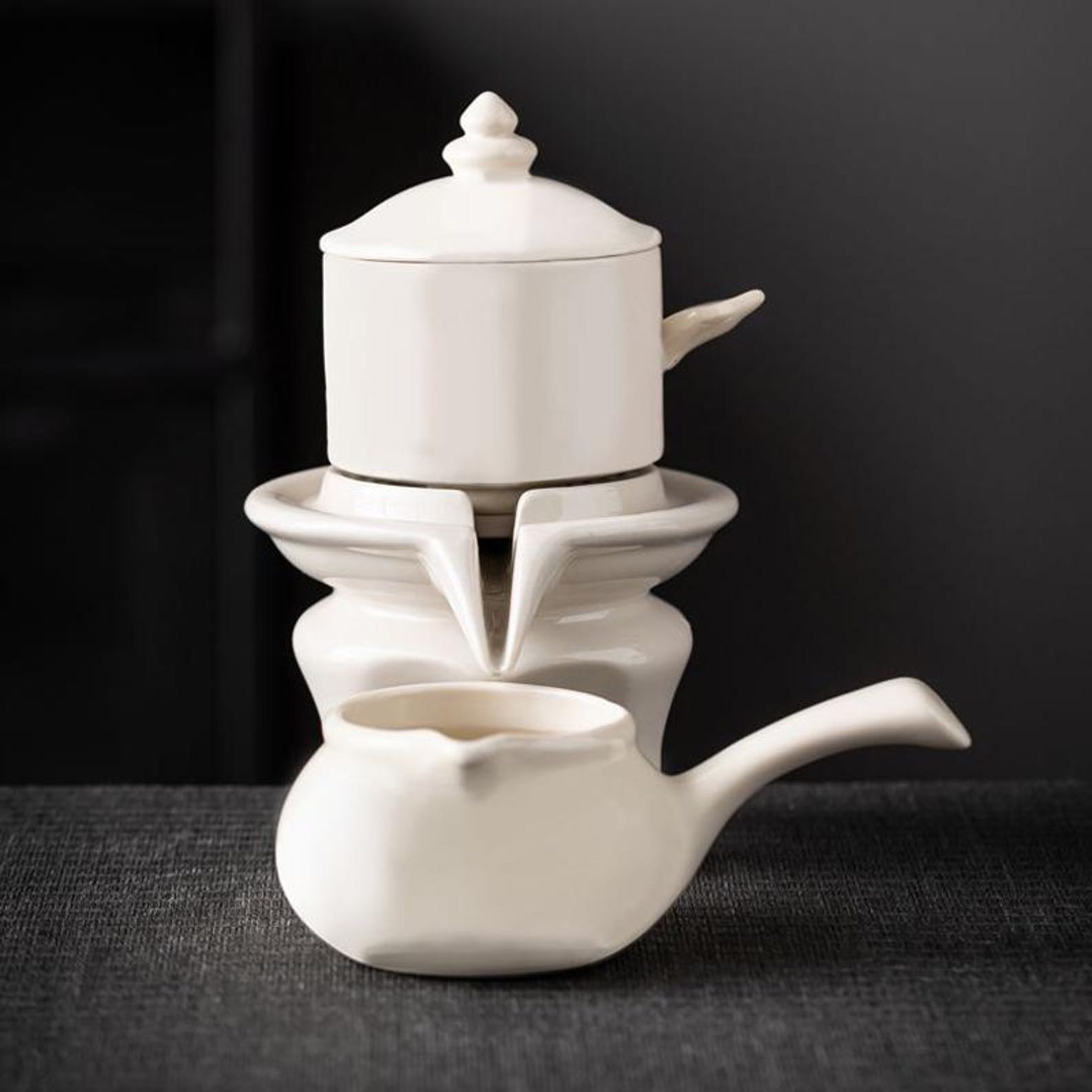 Minimalist White Porcelain Automatic Stone Mill Tea Set — Handcrafted Artisanal Collection