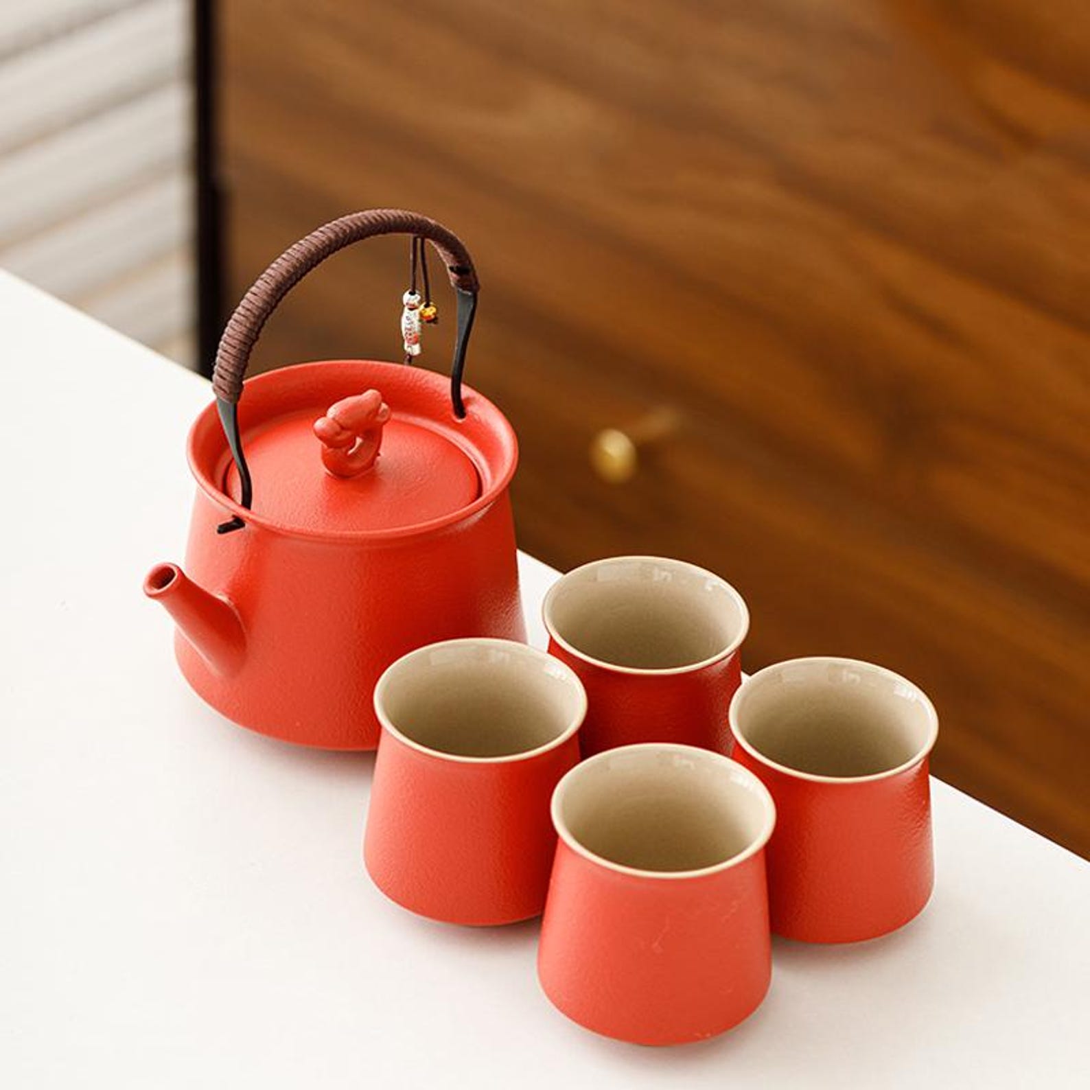 Artisan Crimson Dragon Teapot Set — 5/6 Piece Handcrafted Stoneware Collection