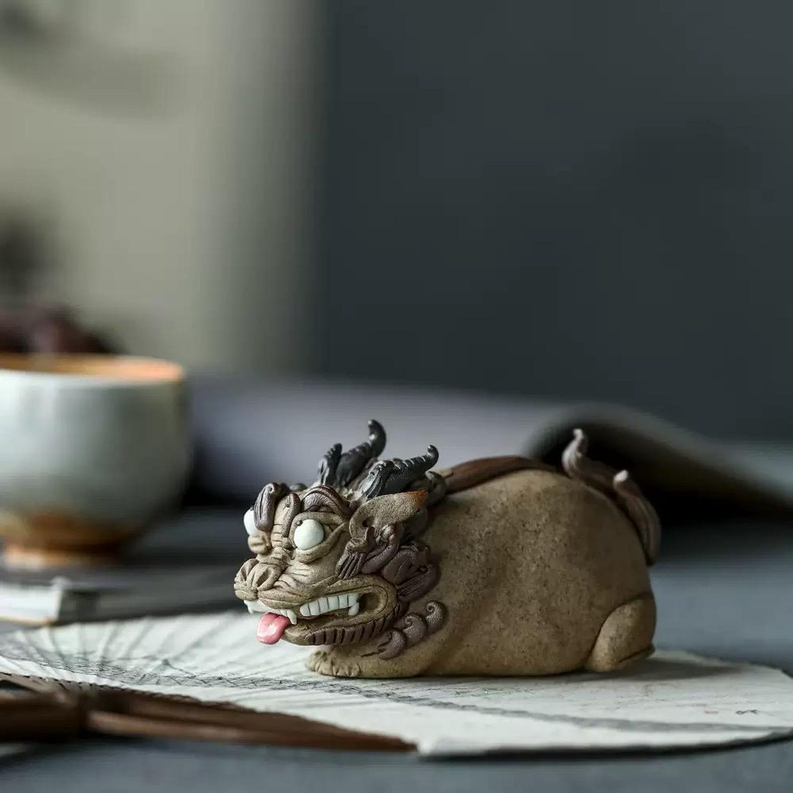 Artisan Handmade Recumbent Mythical Beast Backflow Incense Burner — Ceramic Tea Pet Sculpture