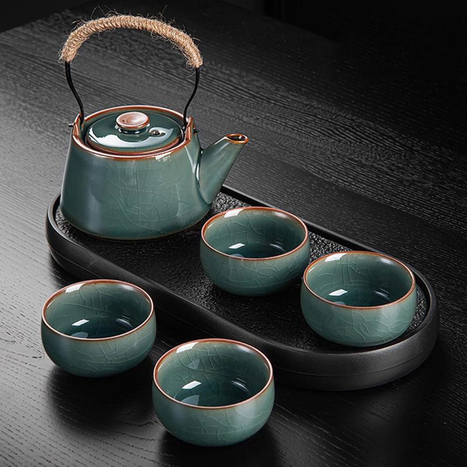 Artisan Oceanic Jade Crackle-Glazed Tea Set — Handcrafted Porcelain Collection