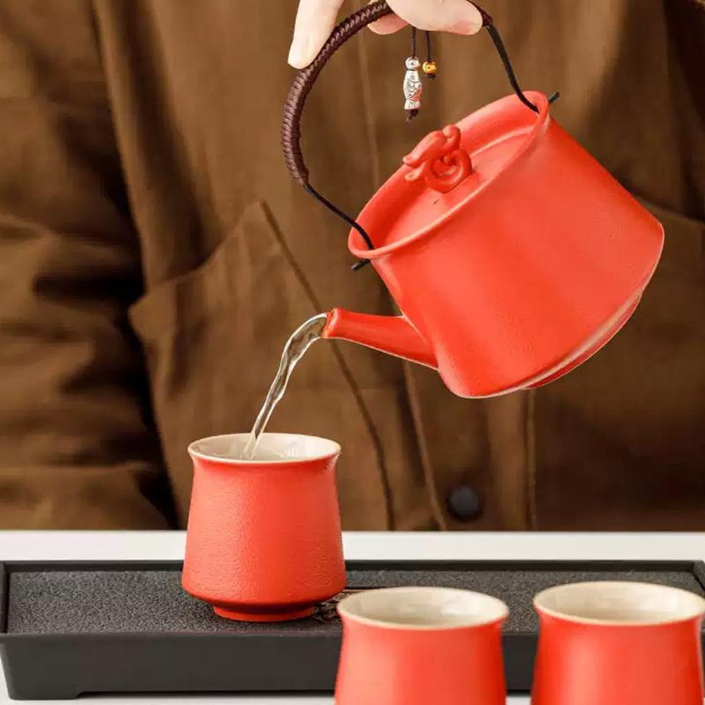 Artisan Crimson Dragon Teapot Set — 5/6 Piece Handcrafted Stoneware Collection