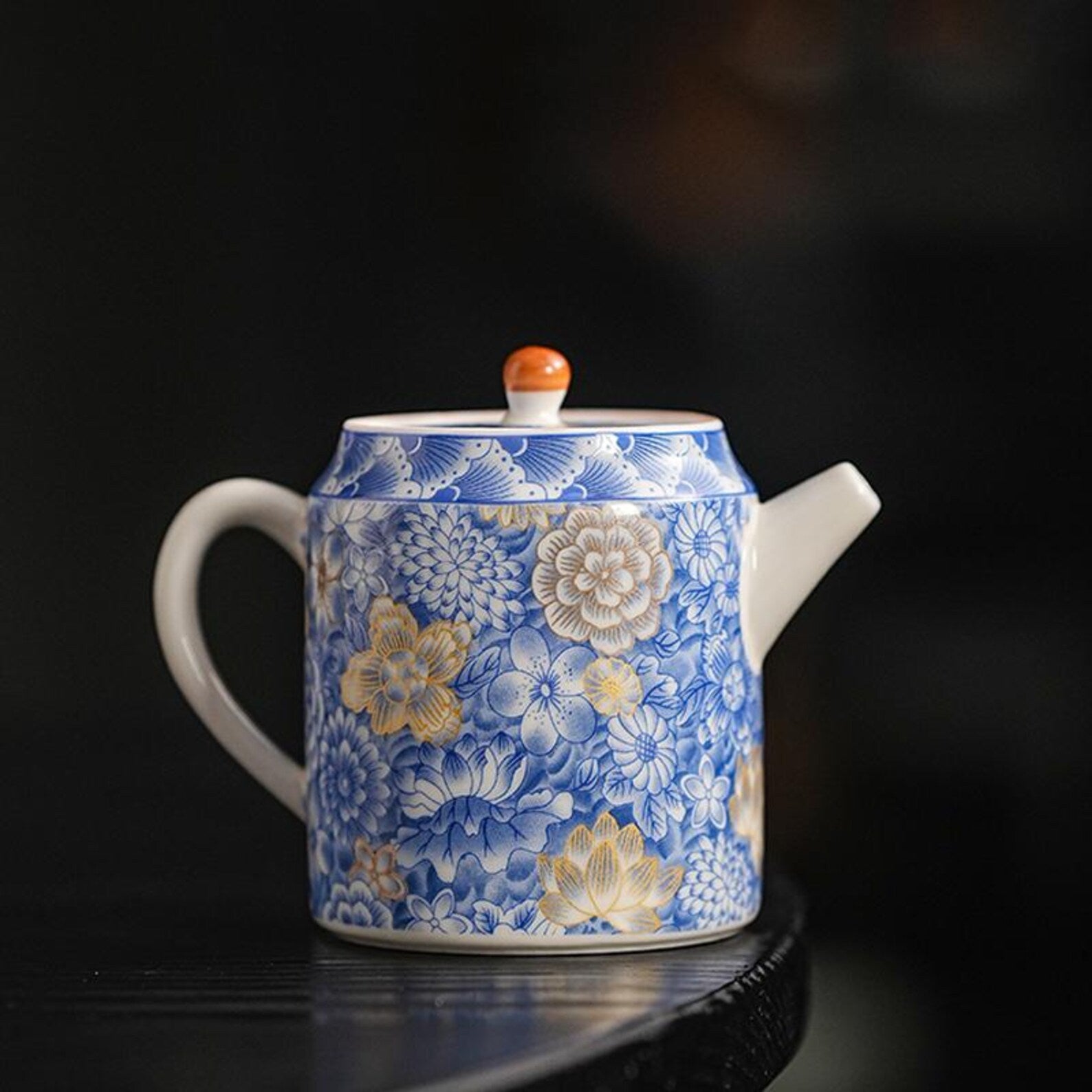 Artisan Indigo Blossom Porcelain Teapot — Hand-Finished Ceremonial Teaware