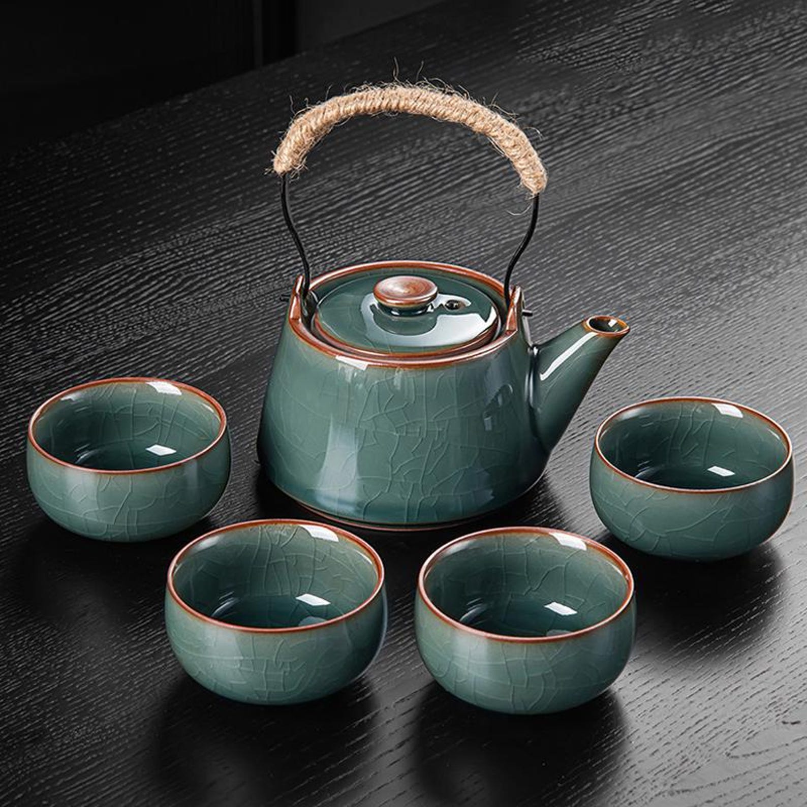 Artisan Oceanic Jade Crackle-Glazed Tea Set — Handcrafted Porcelain Collection