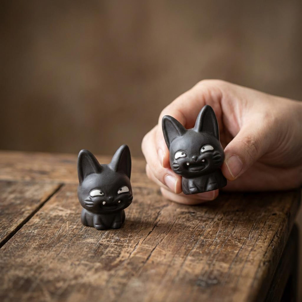 Handcrafted Ceramic "Grinning Black Cat" Tea Pet Ornament