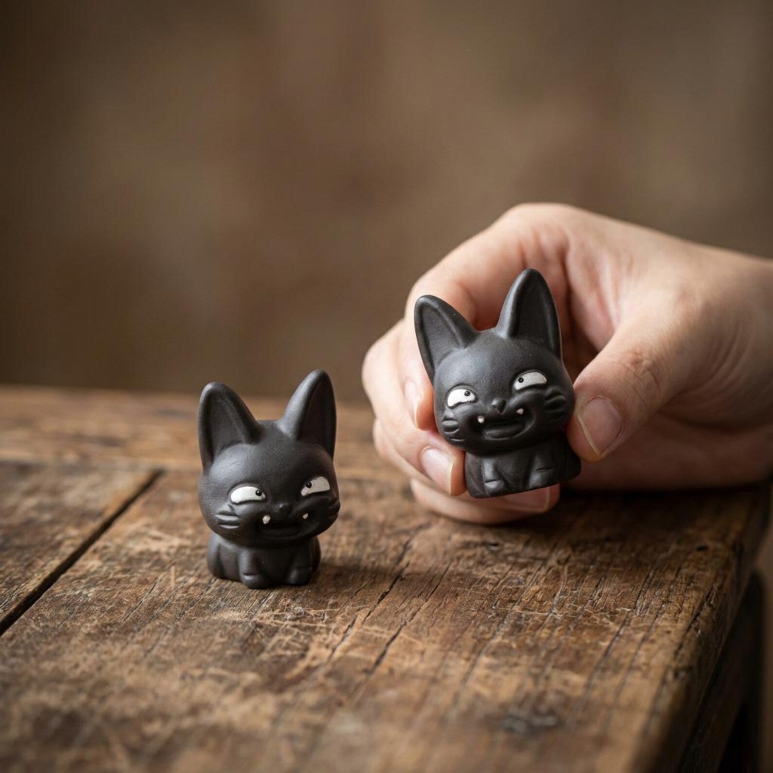 Handcrafted Ceramic "Grinning Black Cat" Tea Pet Ornament