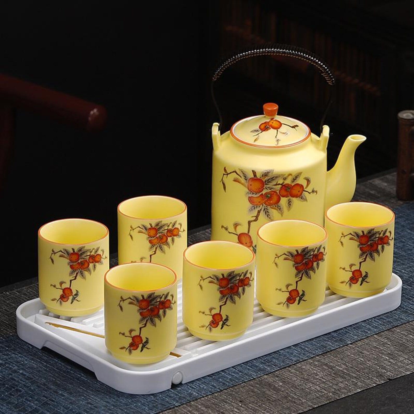 Artisan Persimmon & Songbird Porcelain Tea Set — Hand-Finished Ceremonial Collection